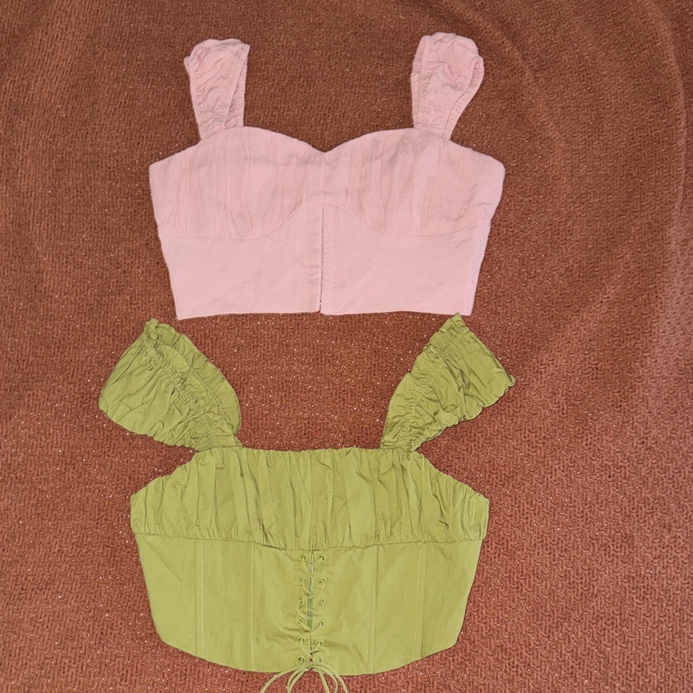 Forever 21 Pink and Light Green Ruched Bustier Crop Tops 💚🩷